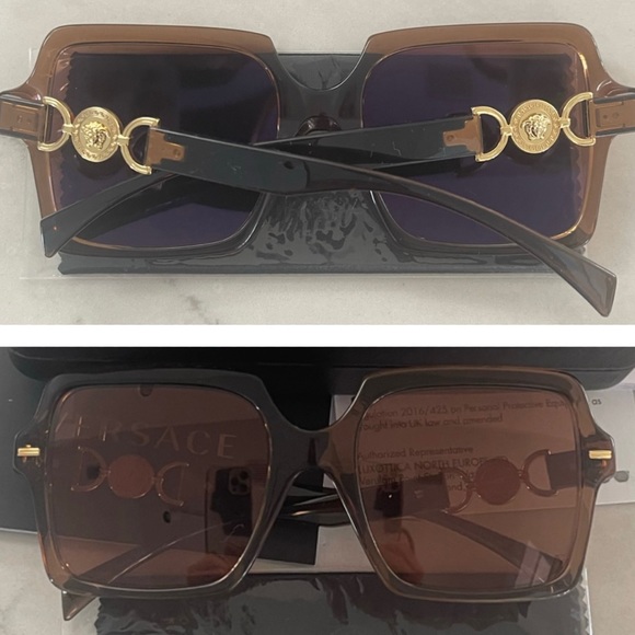 VERSACE LOGO MEDALLIONS FOR A SIGNATURE STATEMENT ON TRANSPARENT BROWN SUNNIES - Picture 6 of 16